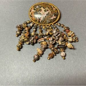 Vintage leopard skin jasper gemstone cabochon brooch pin